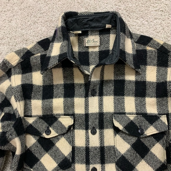 VINTAGE Men's L.L. BEAN White Black BUFFALO PLAID Pure WOOL Shirt Jacket SHACKET - Picture 2 of 4